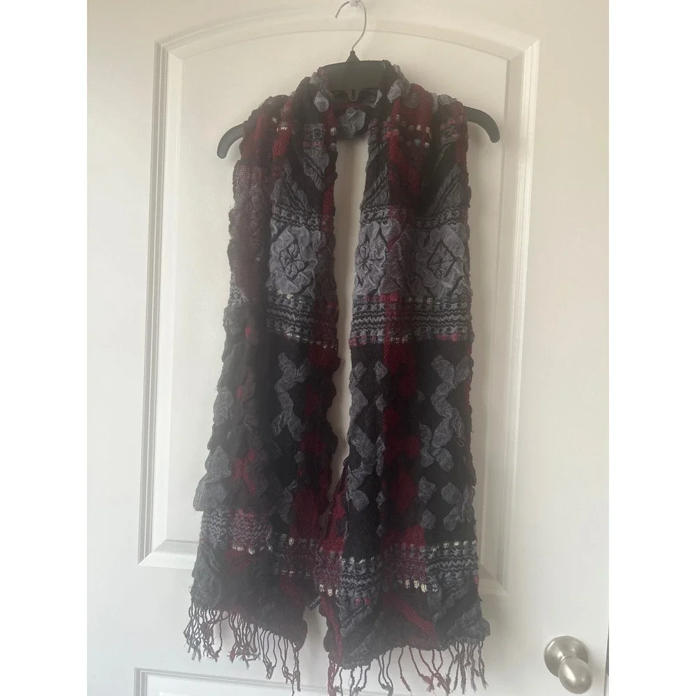 Burgundy Grey Black Geometric Textured Knit Fringe Scarf Oversized Winter Wrap